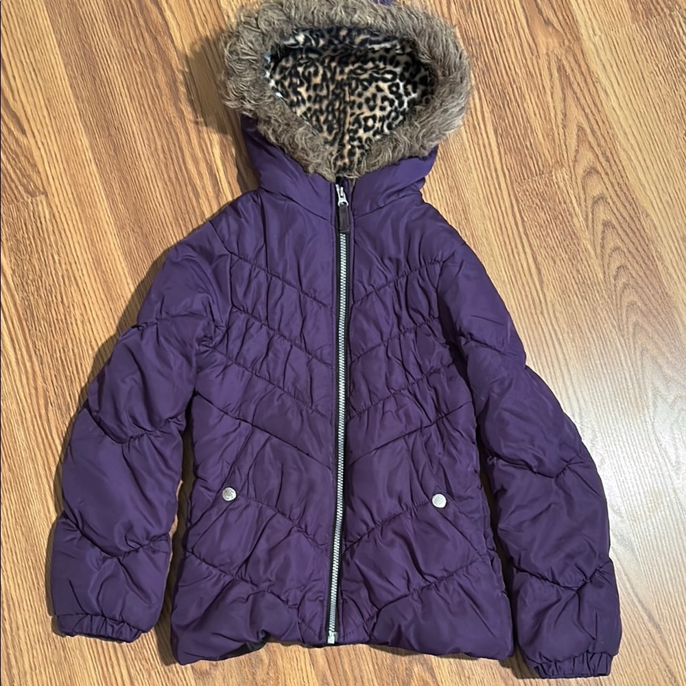 Purple Puffer Jacket with Faux Fur Hood